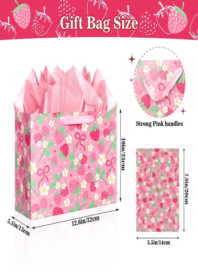 Jaywayang 12.6" Strawberry Gift Bag with Tissue Paper and Card, Pink Birthday Gift Bag for Girls Kids Birthday, Baby Shower Party Supplies. - Image 2